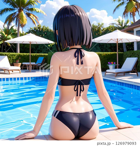 プールサイドに座る水着の女性 126979093