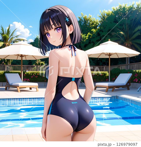 プールサイドで振り返る水着姿の女性 126979097
