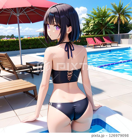 プールサイドで振り返る水着姿の女性 126979098