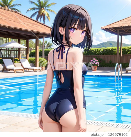 プールサイドで振り返る水着姿の女性 プールサイドで振り返る水着姿の女性 126979102