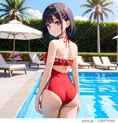 プールサイドで振り返る赤い水着を着た女性 126979360