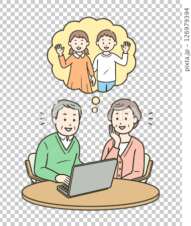 一位老年婦女和一位老年男子使用筆記型電腦與孫子進行遠端通話的上半身插圖 一位老年婦女和一位老年男子使用筆記型電腦與孫子進行遠端通話的上半身插圖 126979394