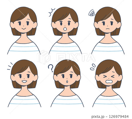 若い女性の表情セット 正面上半身 シンプルなイラスト 若い女性の表情セット 正面上半身 シンプルなイラスト 126979484