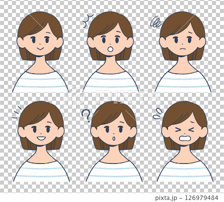 若い女性の表情セット 正面上半身 シンプルなイラスト 若い女性の表情セット 正面上半身 シンプルなイラスト 126979484