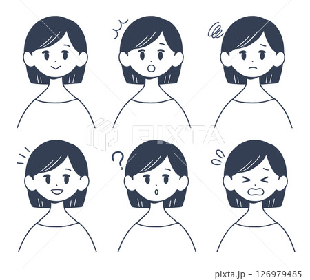 若い女性の表情セット 正面上半身 単色イラスト 若い女性の表情セット 正面上半身 単色イラスト 126979485