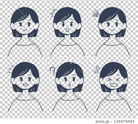 Young woman facial expression set, front upper body, monochrome illustration Young woman facial expression set, front upper body, monochrome illustration 126979485