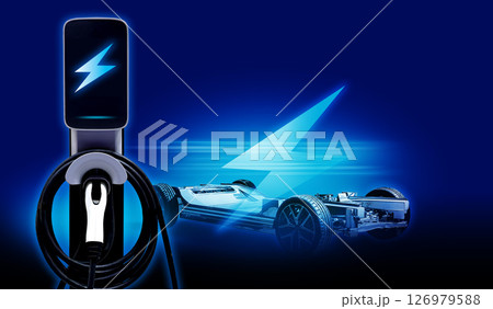 Concept of Power cable pump plug in charging power to electric vehicle EV car with icon save the world. 126979588
