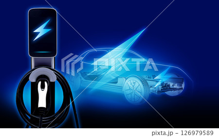 Concept of Power cable pump plug in charging power to electric vehicle EV car with icon save the world. 126979589