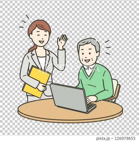 Illustration of an elderly man being taught by an instructor in a computer class 126979655