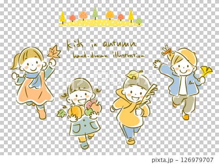 秋を楽しむ子供たち　シンプルでかわいい水彩風手描きイラスト 126979707