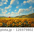 青空とひまわり畑の景色　油絵風の風景イラスト 126979802