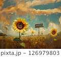 青空とひまわり畑の景色　油絵風の風景イラスト 126979803