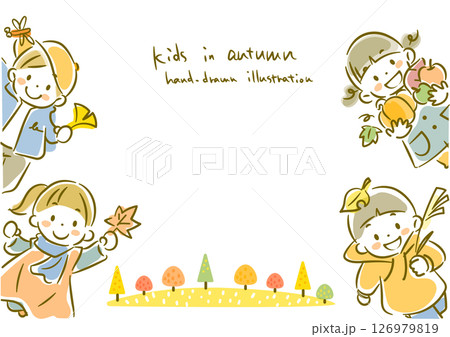 秋を楽しむ子供たちのフレーム シンプルでかわいい水彩風手描きイラスト 秋を楽しむ子供たちのフレーム シンプルでかわいい水彩風手描きイラスト 126979819
