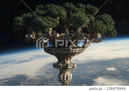 Floating tree city in space showcases futuristic architecture amid the cosmos Floating tree city in space showcases futuristic architecture amid the cosmos 126979948