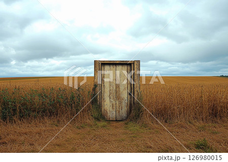 Mysterious door stands alone in a golden field under a dramatic sky 126980015