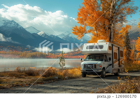 Holiday trip on large family motorhome for holiday in beautiful natural nature, abstract vivid composition consists of fictional unreal fantastic vision on background 126980170