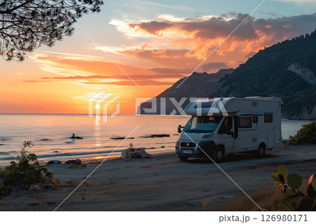 Holiday trip on large family motorhome for holiday in beautiful natural nature, abstract vivid composition consists of fictional unreal fantastic vision on background 126980171