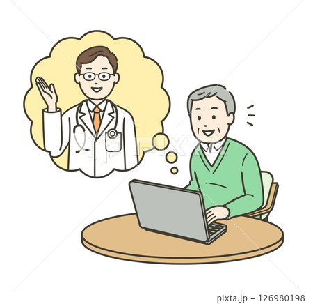 ノートパソコンでオンライン診療を受ける高齢男性と医師のイ上半身イラスト 126980198