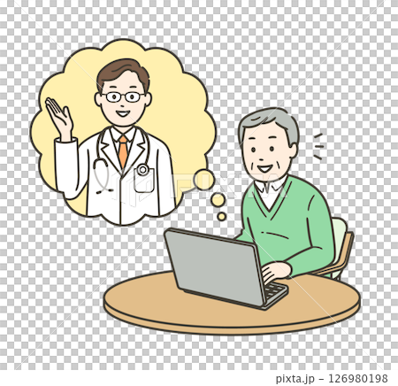 ノートパソコンでオンライン診療を受ける高齢男性と医師のイ上半身イラスト 126980198