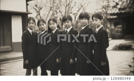 昭和時代の6人の日本人女子児童のモノクロ写真 126980349