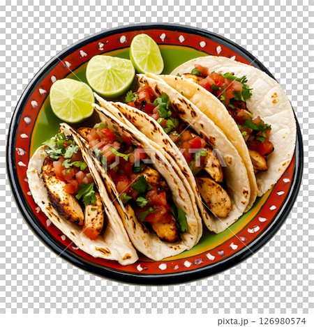 Delicious Chicken Tacos with Fresh Ingredients and Lime Slices on a Colorful Plate 126980574