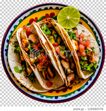 Fresh Grilled Chicken Tacos with Salsa and Lime on Rustic Colorful Plate 126980576