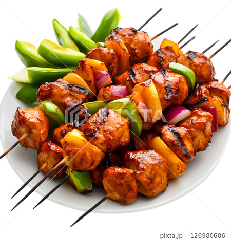 Grilled Chicken Skewers with Bell Peppers and Pineapple Garnish on a White Plate 126980606