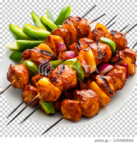 Grilled Chicken Skewers with Bell Peppers and Pineapple Garnish on a White Plate 126980606
