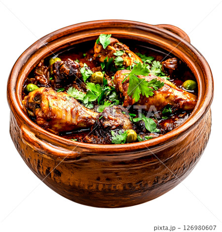 Savory Chicken Stew with Fresh Herbs in Traditional Clay Pot on White Background 126980607