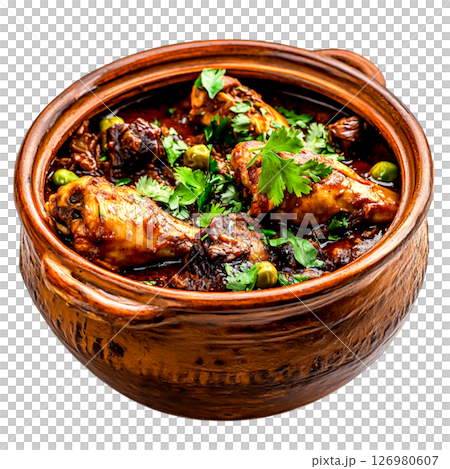 Savory Chicken Stew with Fresh Herbs in Traditional Clay Pot on White Background 126980607