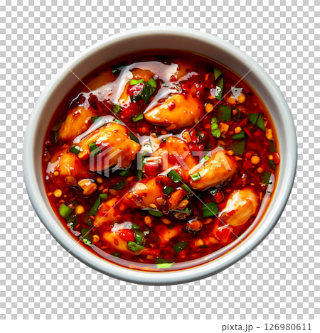 Spicy Chicken in Chili Sauce with Fresh Vegetables and Herbs in Bowl 126980611