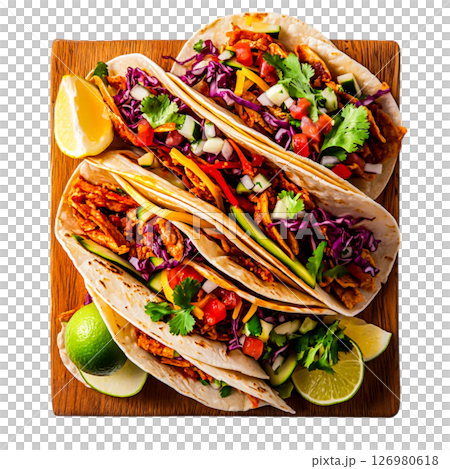 Colorful Tacos with Fresh Ingredients on Wooden Board Ready to Serve and Enjoy 126980618