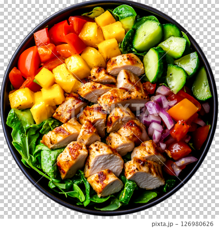 Colorful Grilled Chicken Salad with Fresh Vegetables and Tropical Fruits Colorful Grilled Chicken Salad with Fresh Vegetables and Tropical Fruits 126980626