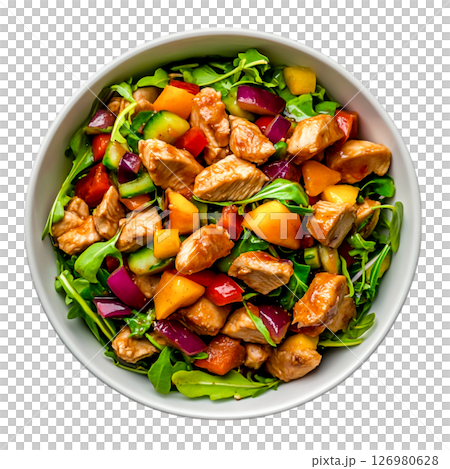 Fresh Chicken Salad with Colorful Vegetables and Healthy Greens in White Bowl 126980628