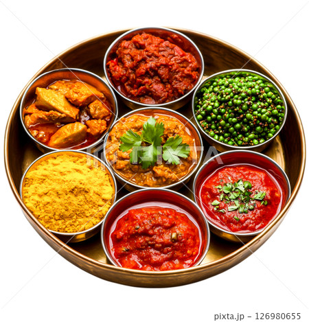 Colorful Selection of Indian Spices and Sauces in Traditional Serving Dish Colorful Selection of Indian Spices and Sauces in Traditional Serving Dish 126980655
