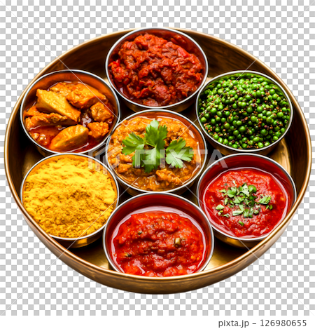 Colorful Selection of Indian Spices and Sauces in Traditional Serving Dish Colorful Selection of Indian Spices and Sauces in Traditional Serving Dish 126980655