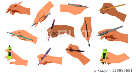 Hand hold pen. Pencil held by black wrist. Cartoon arm writing with marker. Brush or stylus in human fingers. Diverse female positions. School stationary. Drawing poses set. Vector flat graphic tools Hand hold pen. Pencil held by black wrist. Cartoon arm writing with marker. Brush or stylus in human fingers. Diverse female positions. School stationary. Drawing poses set. Vector flat graphic tools 126980681