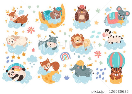 Cute animal sleeps. Cartoon character dreams on moon. Sky clouds and stars. Baby deer or bear doze under blanket. Drawn for kids night. Doodle print sticker. Vector children tidy illustrations set 126980683