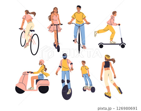 ECO urban transport. Skateboard, girl riding bicycle, man on motorcycle, teen on scooter. Young characters on bike in city. Flat child on board. Biking person. Vector cartoon isolated illustration ECO urban transport. Skateboard, girl riding bicycle, man on motorcycle, teen on scooter. Young characters on bike in city. Flat child on board. Biking person. Vector cartoon isolated illustration 126980691