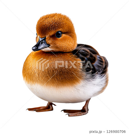 Adorable fluffy duckling with vibrant orange head and soft white belly standing still 126980706