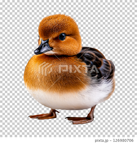 Adorable fluffy duckling with vibrant orange head and soft white belly standing still 126980706
