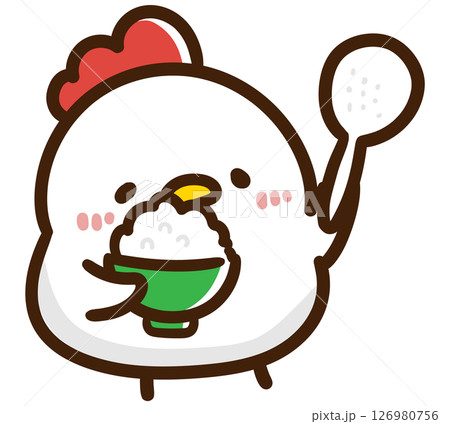 ご飯の用意をするかわいいにわとりのキャラクターのデフォルメイラスト 126980756