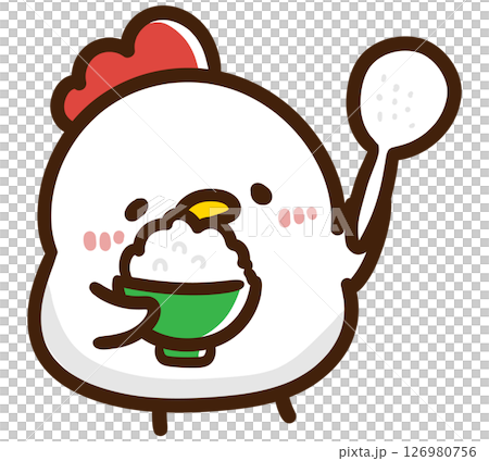 ご飯の用意をするかわいいにわとりのキャラクターのデフォルメイラスト 126980756