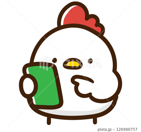 スマホ画面を見て操作するかわいいにわとりのキャラクターのデフォルメイラスト スマホ画面を見て操作するかわいいにわとりのキャラクターのデフォルメイラスト 126980757