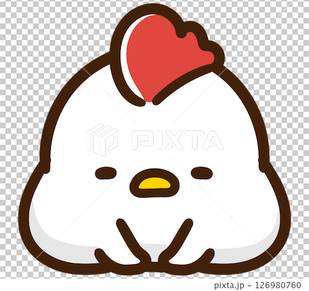A deformed illustration of a cute chicken character kneeling on the ground with both hands 126980760