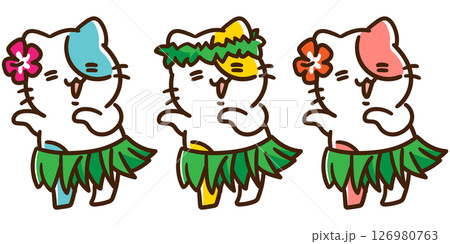 フラダンスをするかわいいねこ達のキャラクターのデフォルメイラストセット 126980763