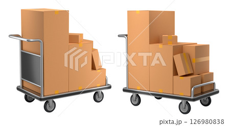 Set of Airport luggage cart or baggage trolley side with cardboard boxes or cartons 126980838