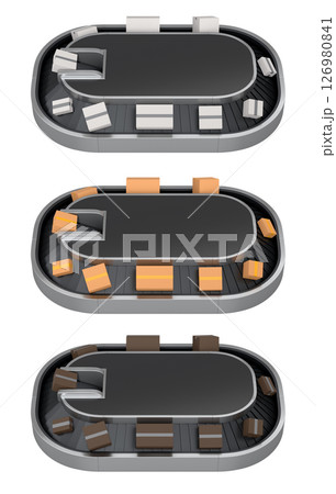 Set of Airport conveyor belt or baggage claim area with cardboard boxes or cartons 126980841