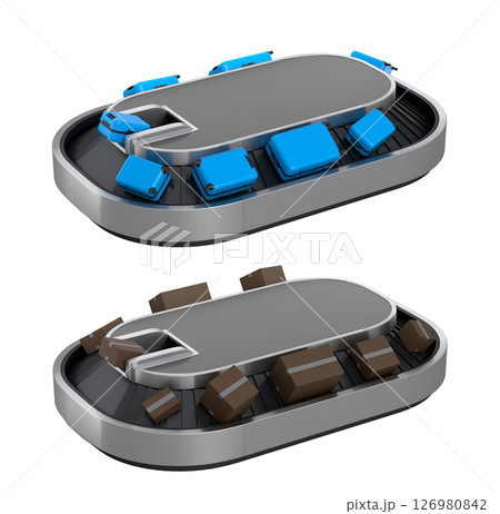 Set of Airport luggage conveyor belt or baggage claim area with suitcases on white. Set of Airport luggage conveyor belt or baggage claim area with suitcases on white. 126980842