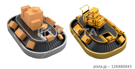 Set of Airport luggage conveyor belt or baggage claim area with suitcases on white. 126980843